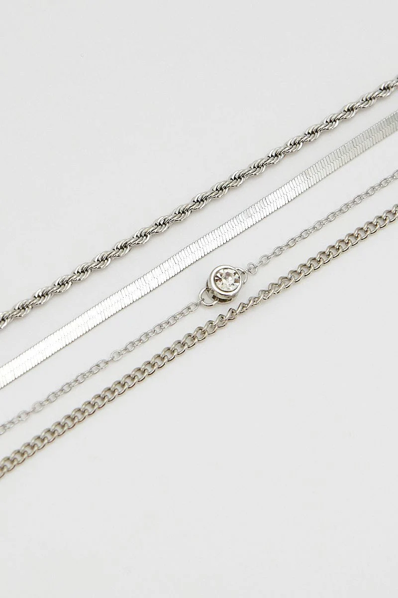 Silver 4Pcs Rhinestone Chain Necklace