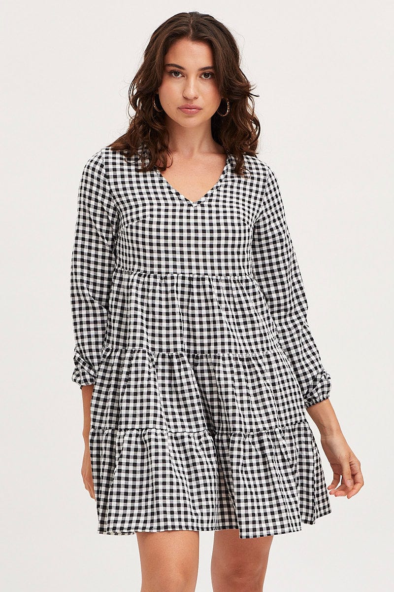 Check Skater Dress Long Sleeve Mini