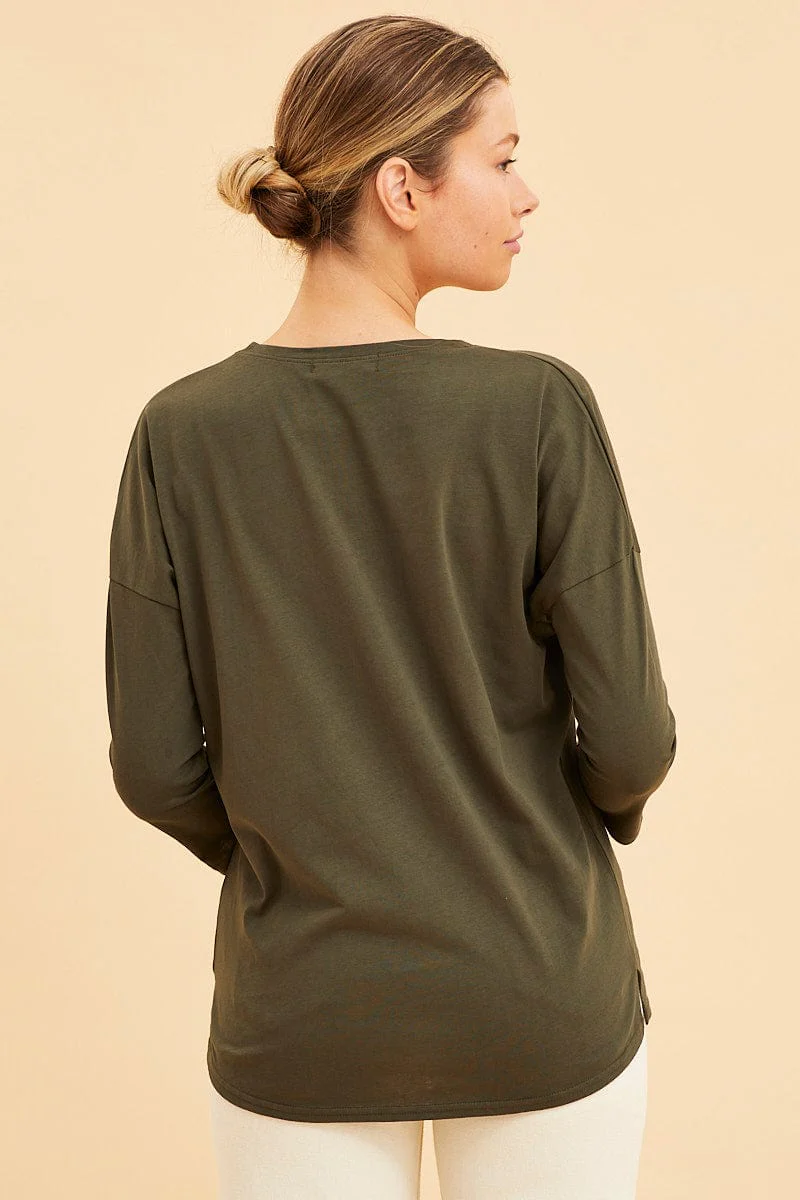 Green Cotton Top 3/4 Sleeve Drop Shoulder Relaxed Fit