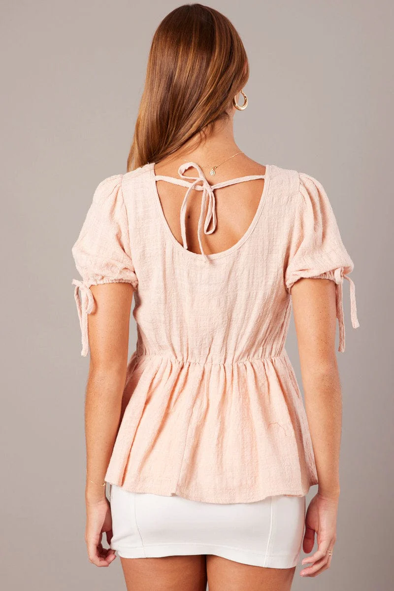 Beige Peplum Top Short Sleeve Tie Front