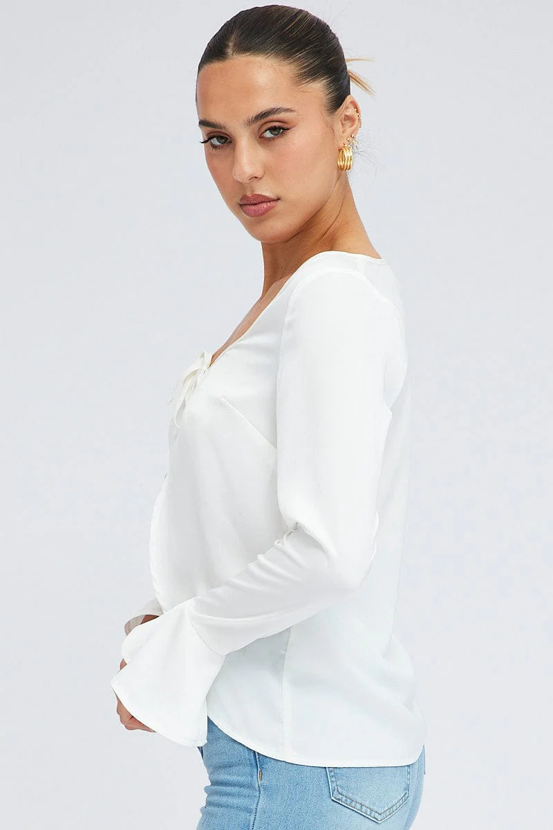 White Tie Front Top Long Sleeve Scoop Neck Satin