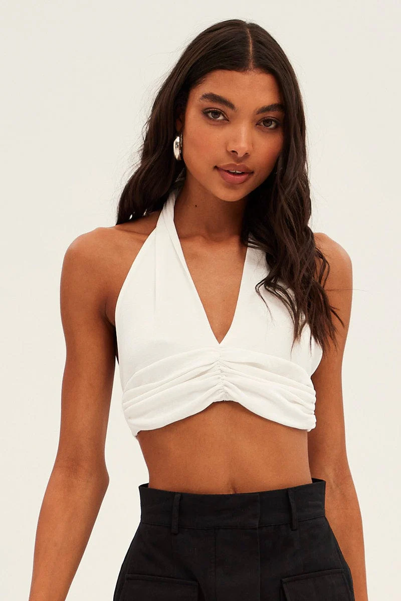 White Front Ruched Halter Top