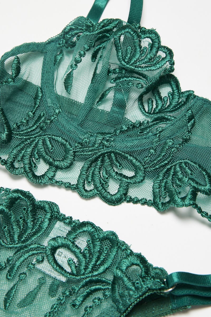 Green Embroidery Lingerie Set