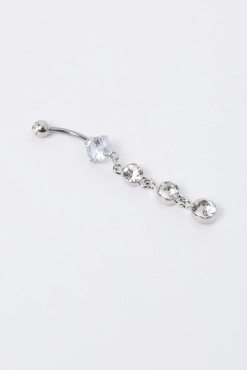 Silver Rhinestones Belly Ring