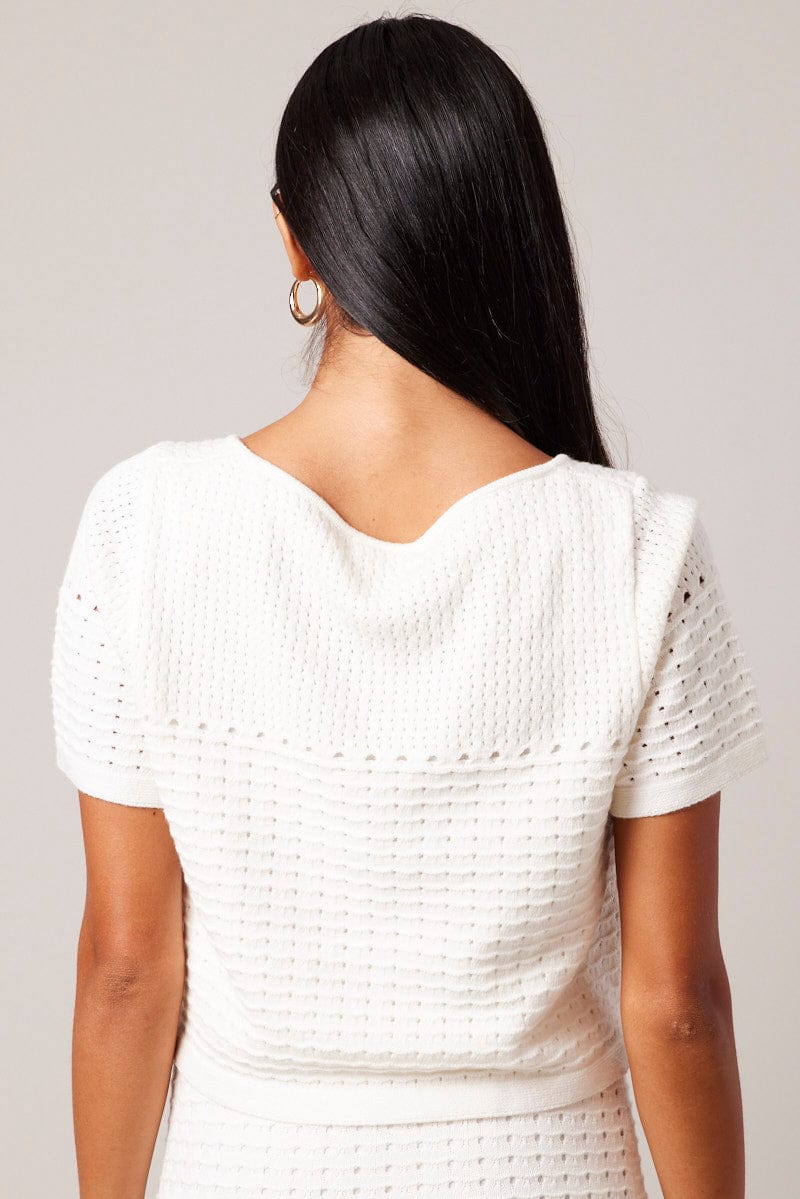 White Knit Top Short Sleeve Crochet