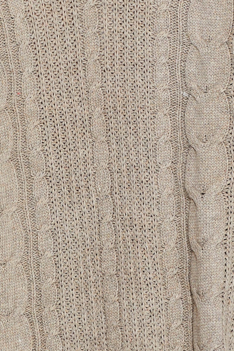 Beige Knit Cardigan Long Sleeve Relaxed Cable