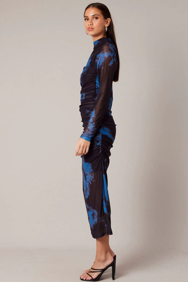 Blue Abstract Bodycon Dress Long Sleeve Mesh