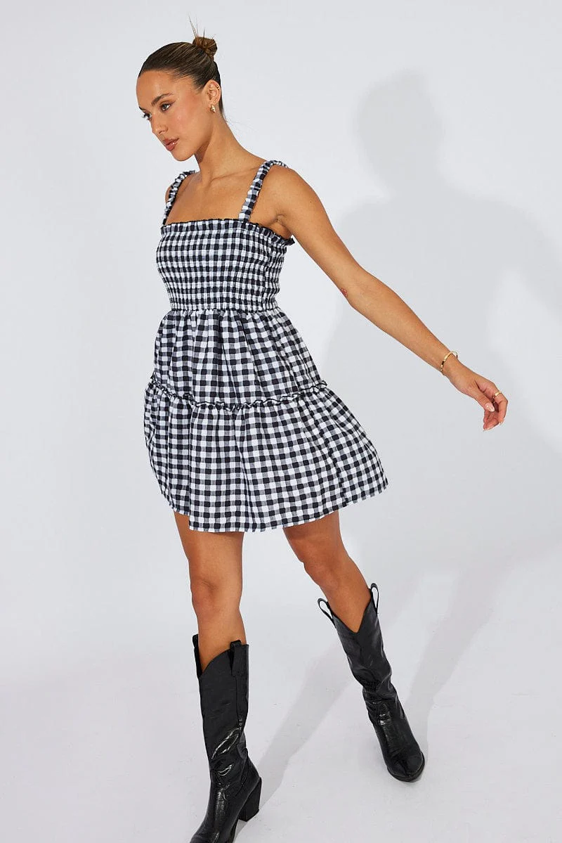 Black Check Fit And Flare Dress Shirred Bust Mini