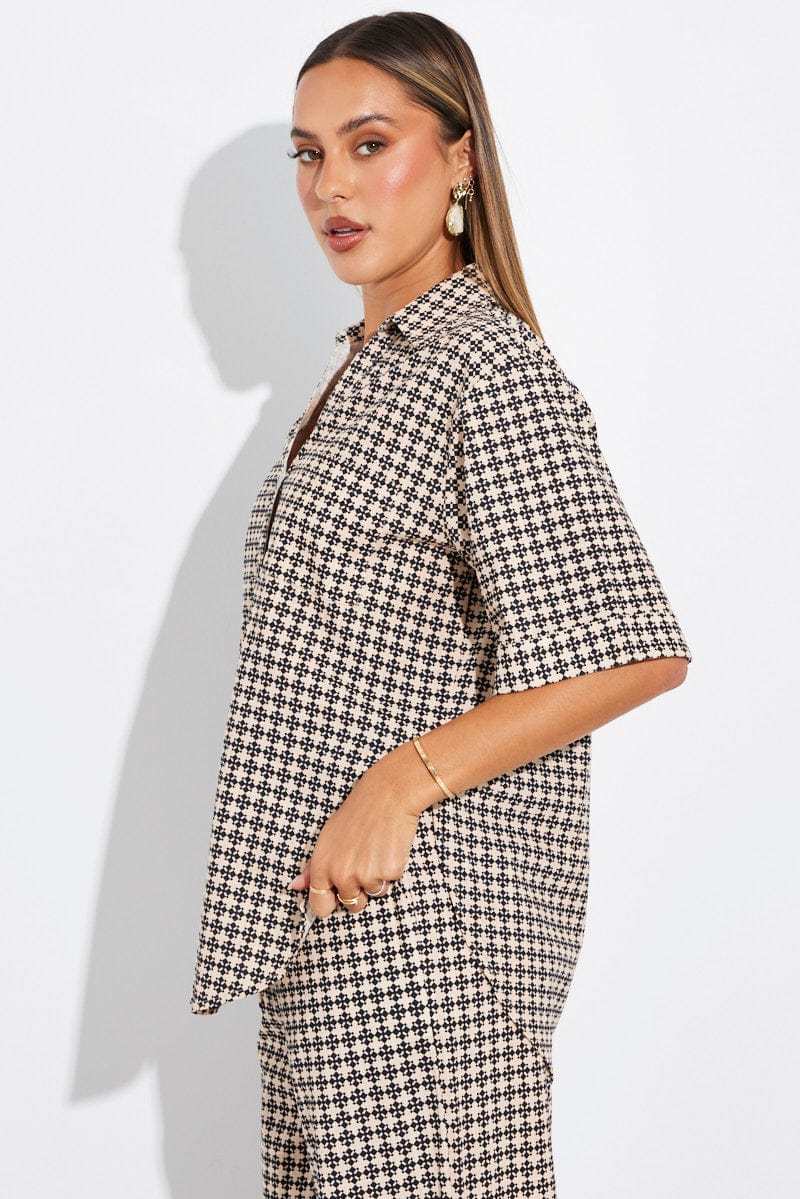 Brown Geo Shirt Short Sleeve Collared Neck