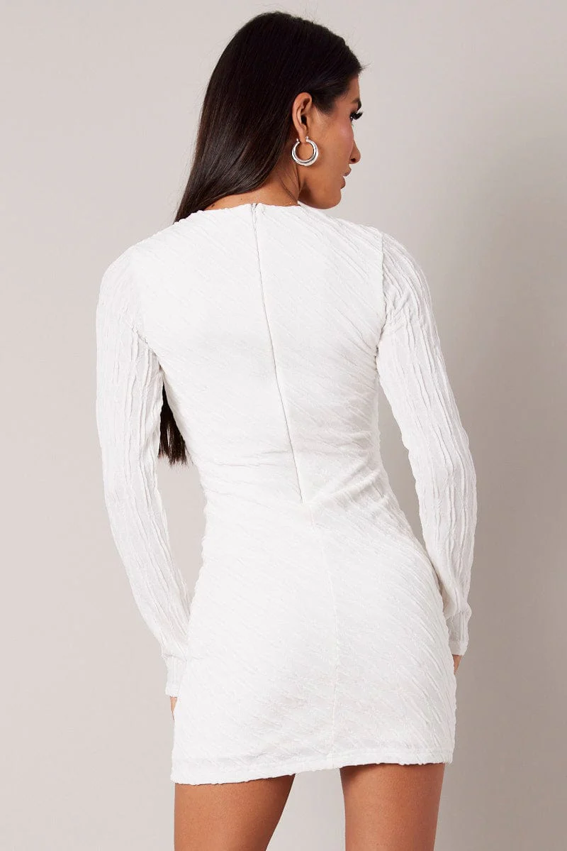 White Bodycon Dress Mini Long Sleeve Textured