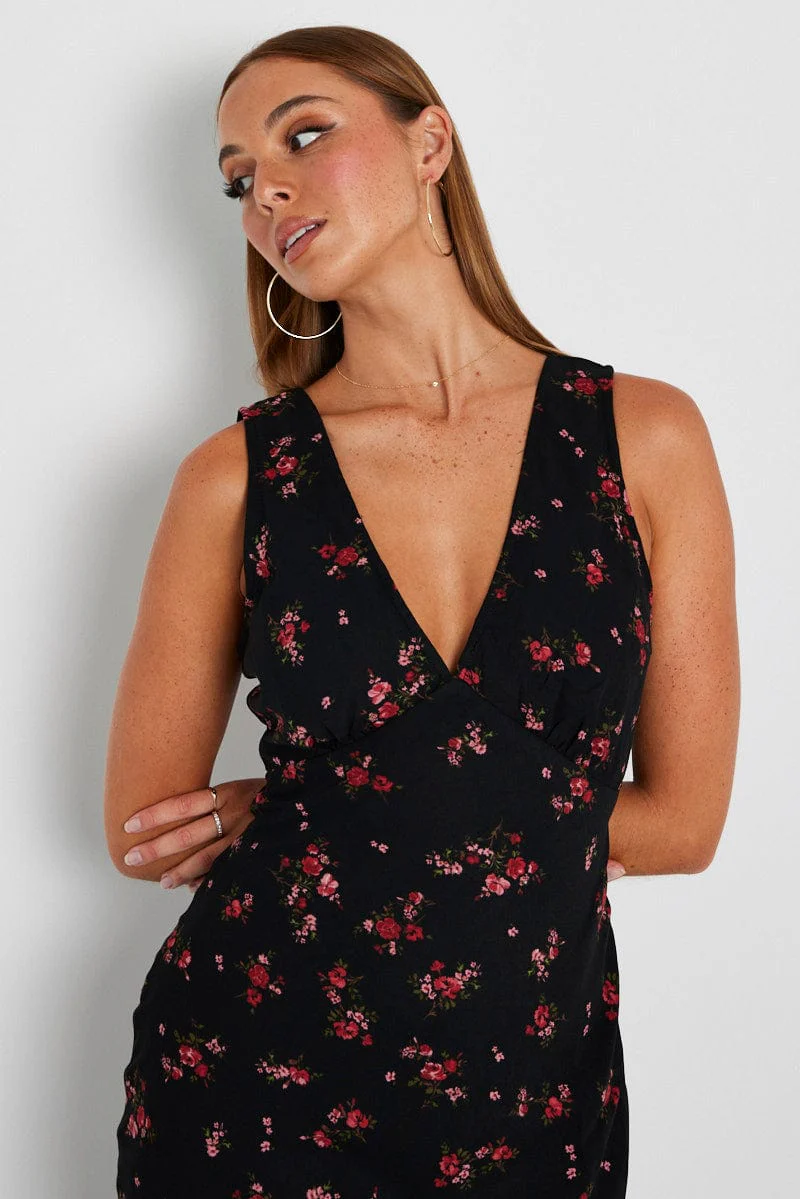 Black Floral Maxi Dress V-Neck Sleevelss