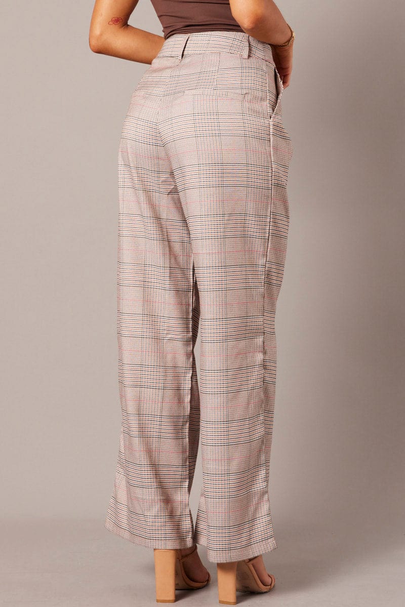 Beige Check Wide Leg Pants Tailored