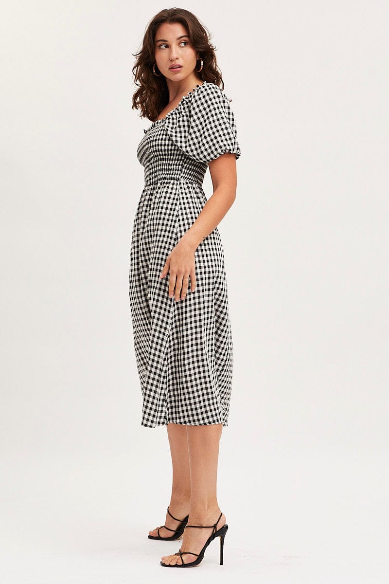 Check Midi Dress Short Sleeve Square Neck