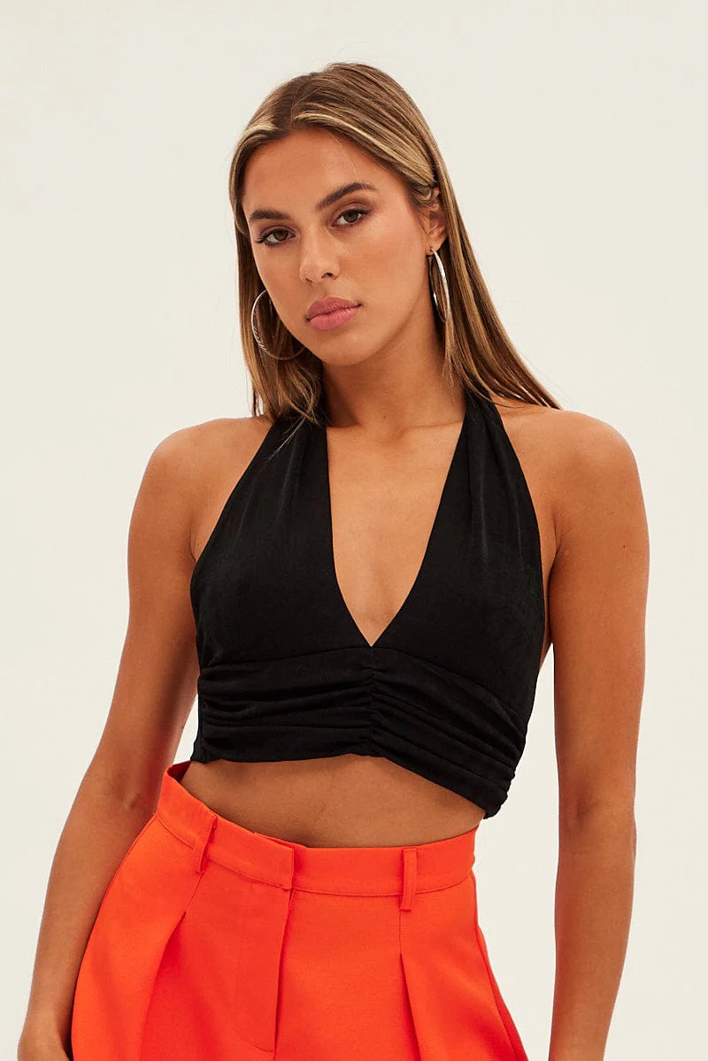Black Front Ruched Halter Top