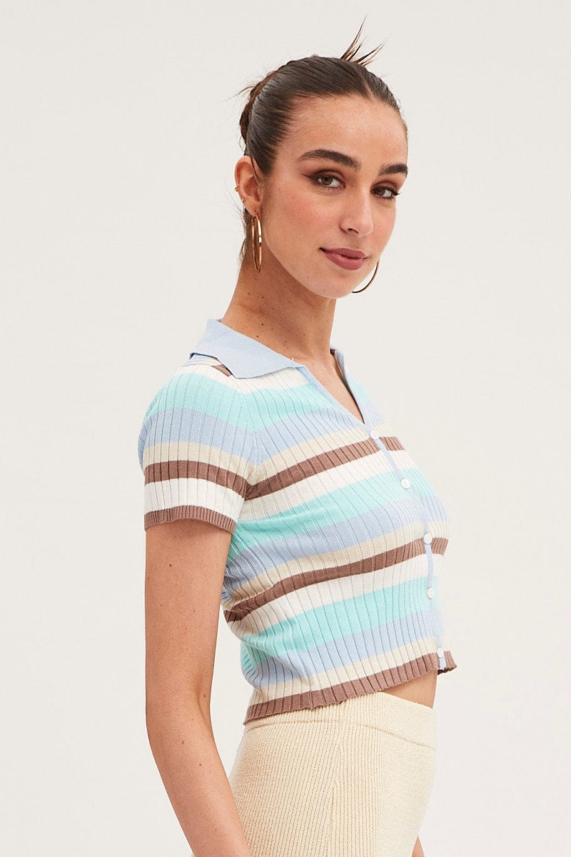 Blue Stripe Crop Cardigan Short Sleeve Knit