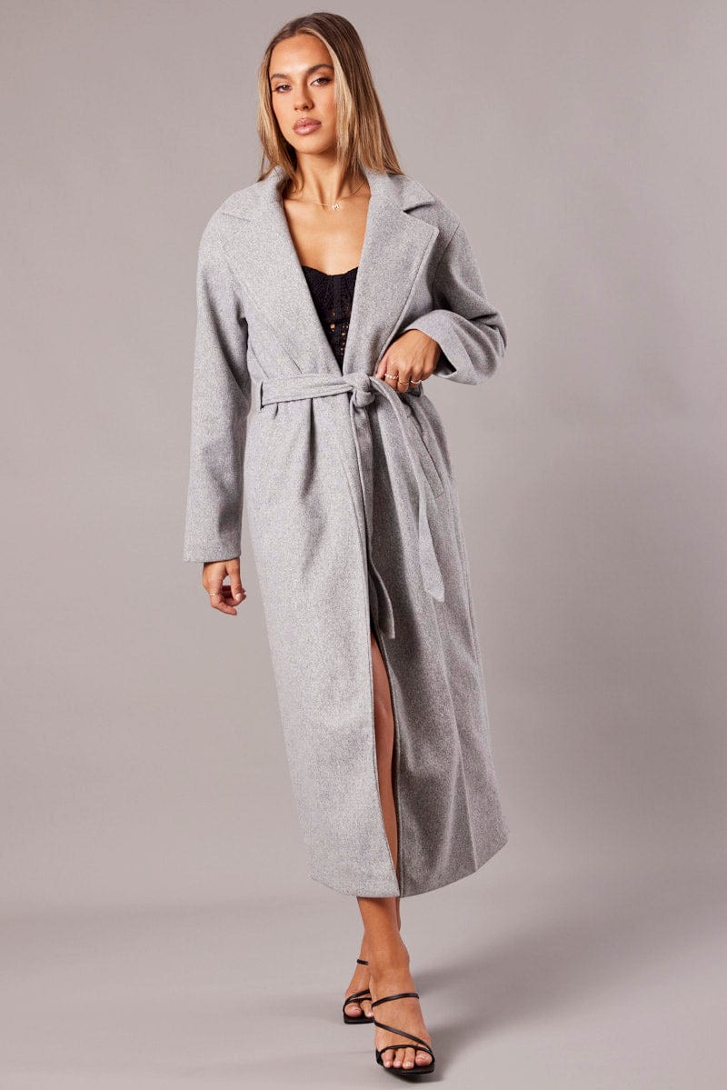 Grey Long Coat Long Sleeve Tie Front