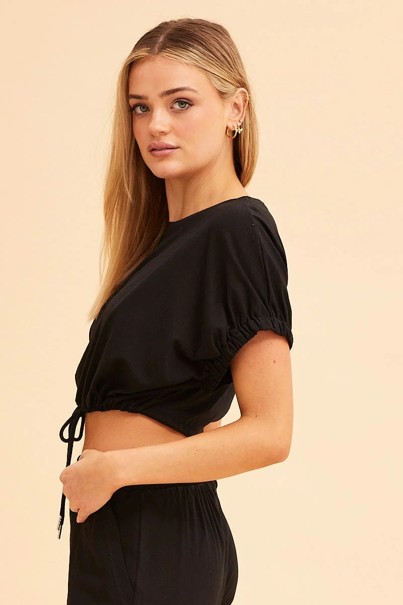 Black Crop Top Short Sleeve Relaxed Fit Elastic Detail