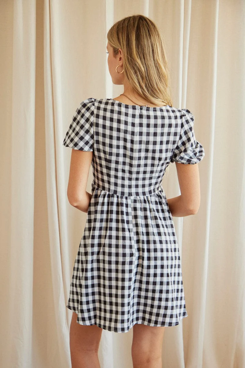 Check Mini Dress Short Sleeve Sweetheart Neckline