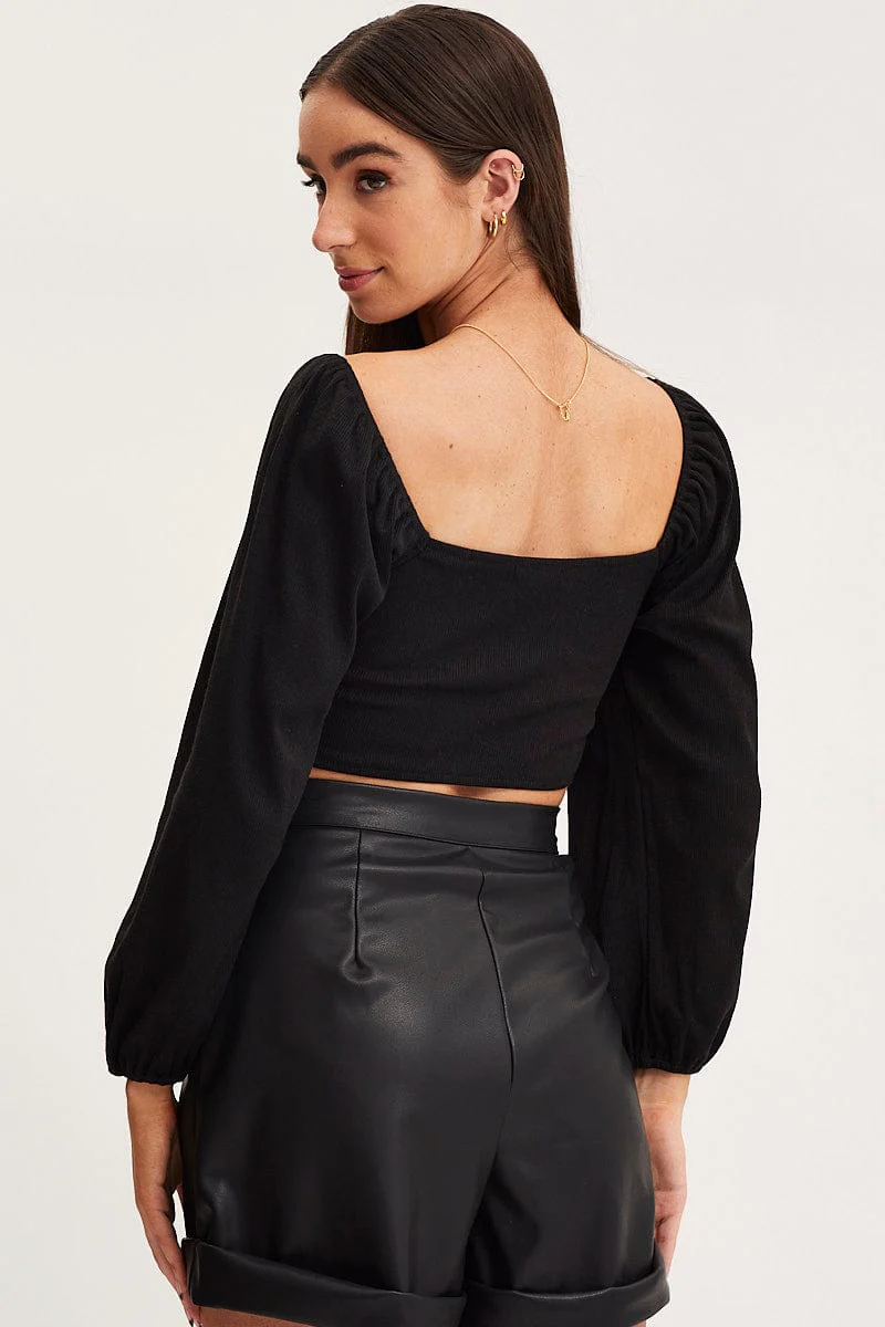 Black Ruched Crop Top Long Sleeve