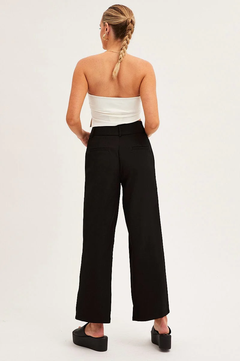Black Mid Rise Pant Tailored Wide Leg