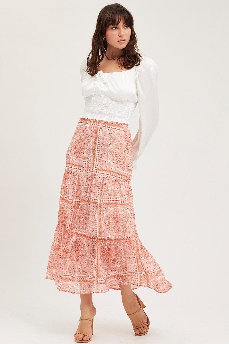 Boho Print Maxi Skirt High Rise Tiered