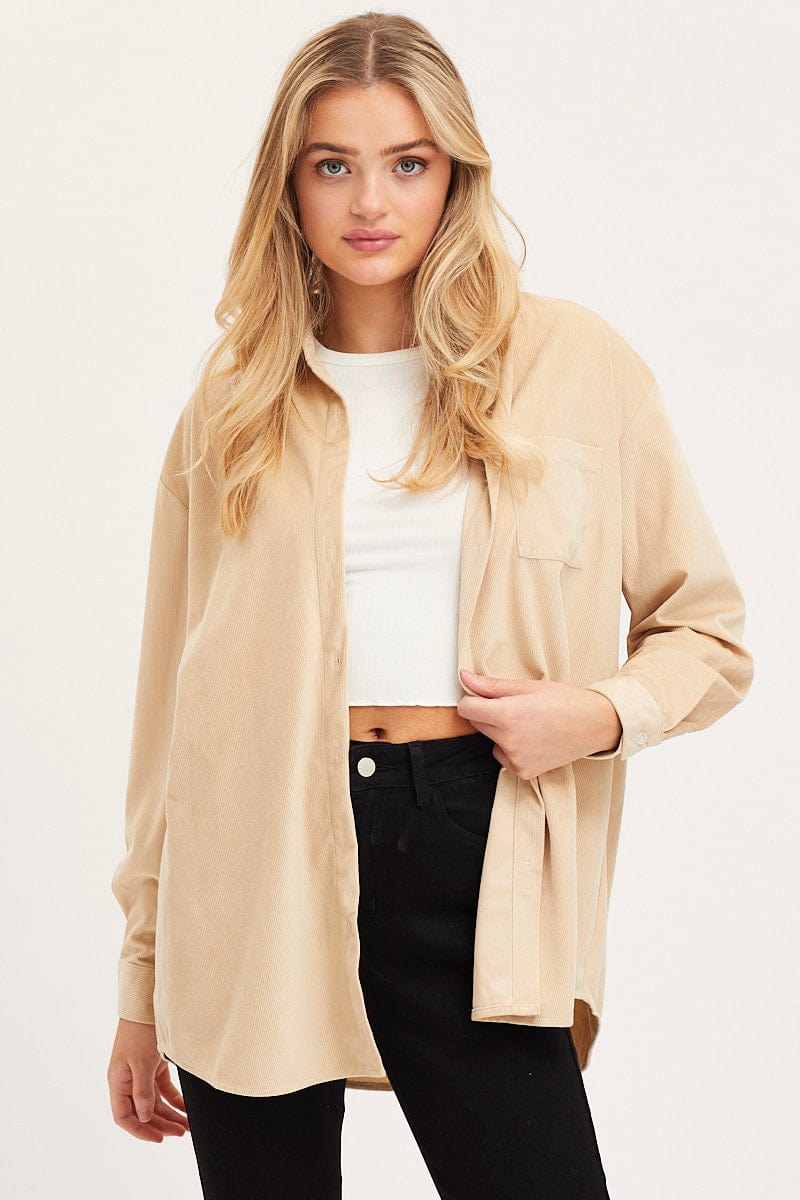 Beige Shirt Top Long Sleeve Collared Corduroy