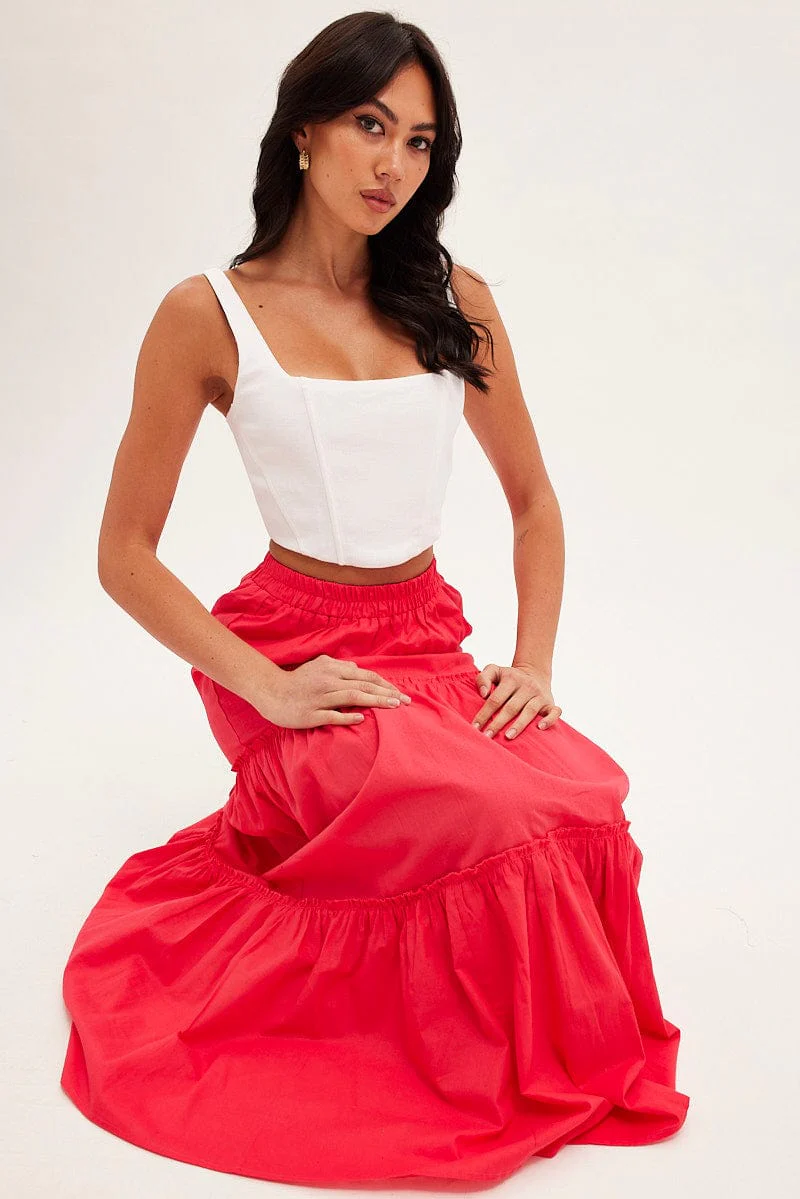Red Maxi Skirt Tiered