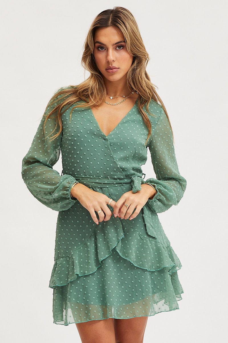 Green Skater Dress Long Sleeve Mini