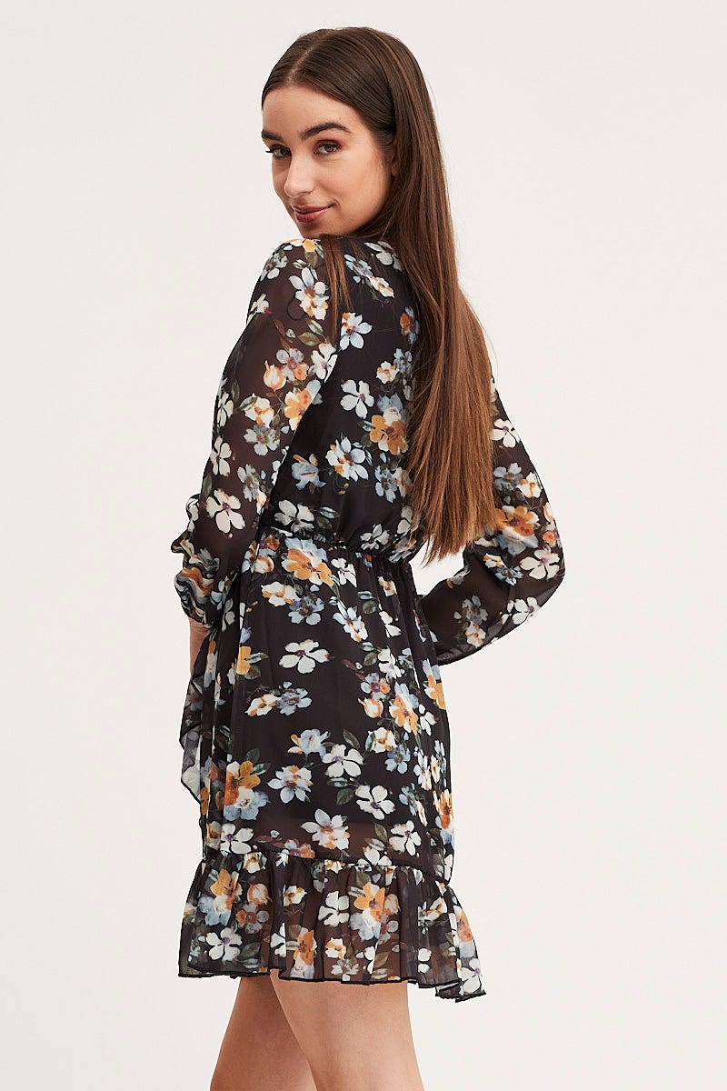 Print Mini Dress Long Sleeve V Neck