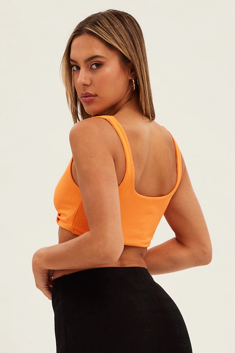 Orange Crop Top Sleeveless Sweetheart Twist Front Rib