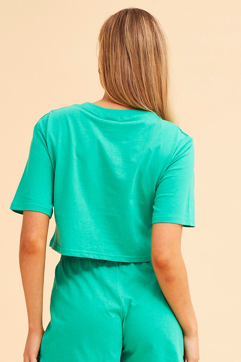 Green Jamie Cotton Jersey Crew Neck Cropped Tee