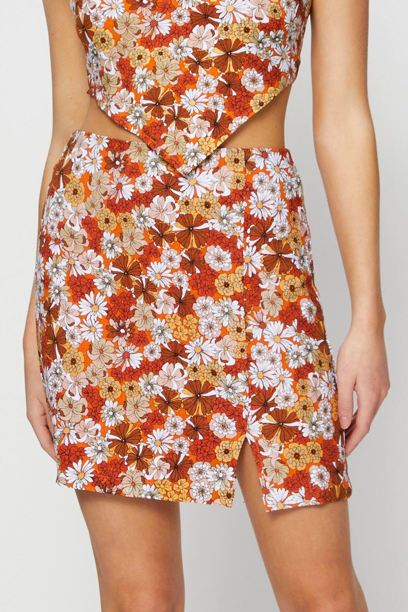 Print Linen Blend Floral Print Front Split Mini Skirt