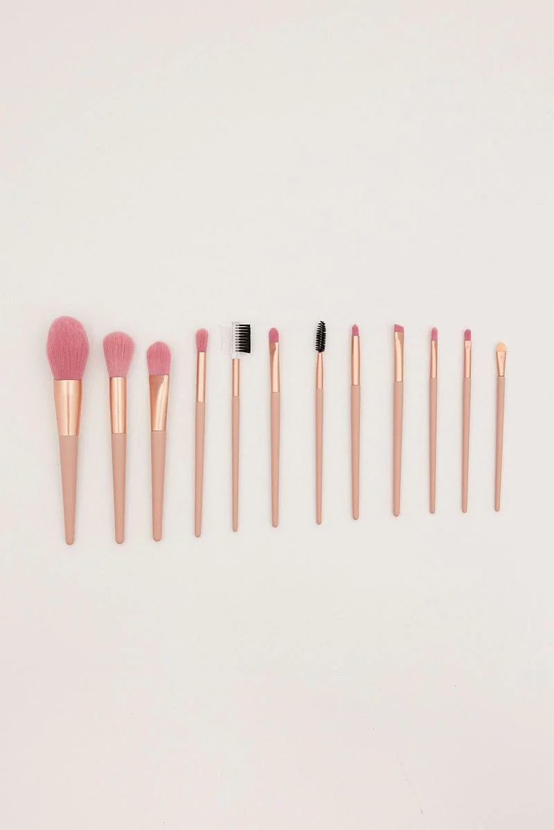 Pink 12 Pcs Make Up Brush With Bag