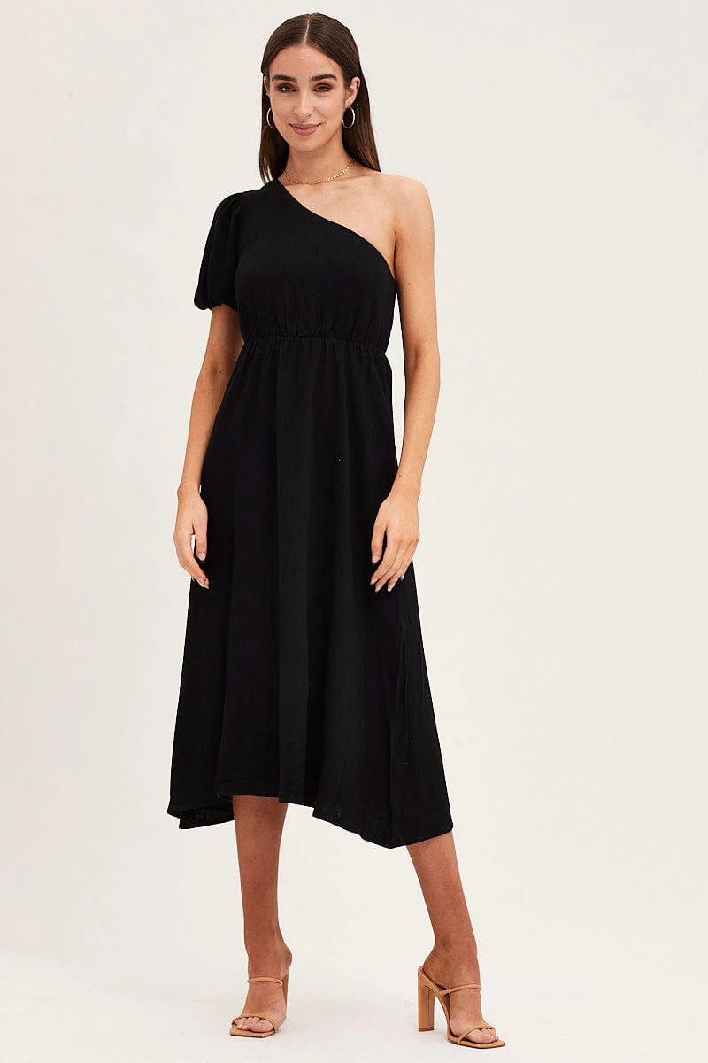 Black One Shoulder Midi Dress
