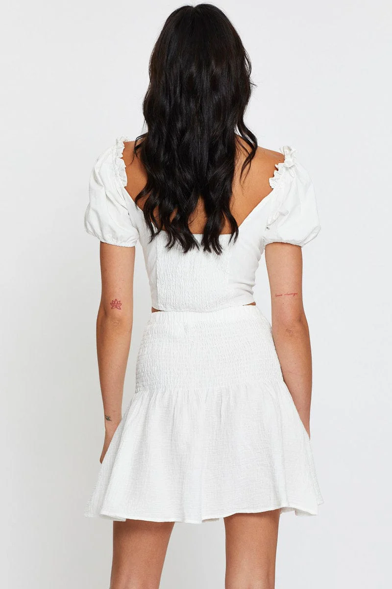 White Linen Blend Shirred Waist Skater Skirt