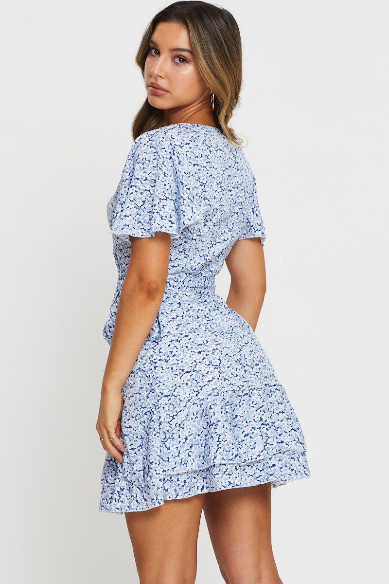 Print Wrap Dress Short Sleeve Mini