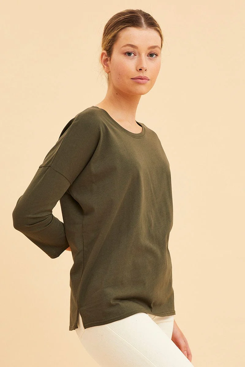 Green Cotton Top 3/4 Sleeve Drop Shoulder Relaxed Fit
