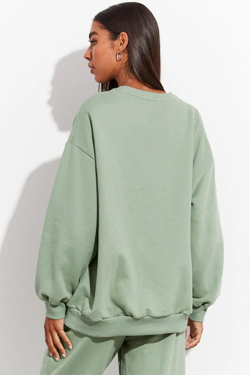 Green Graphic Sweater Long Sleeves
