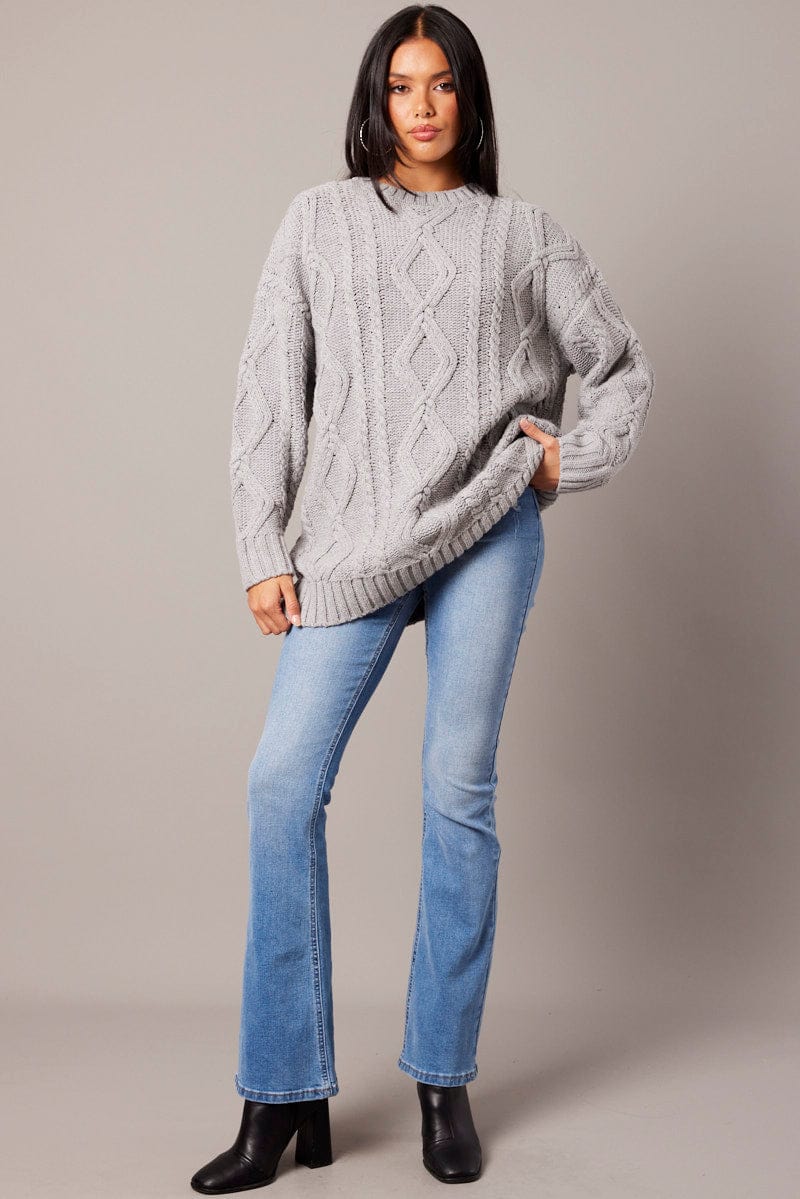 Grey Cable Knit Top Long Sleeve Longline