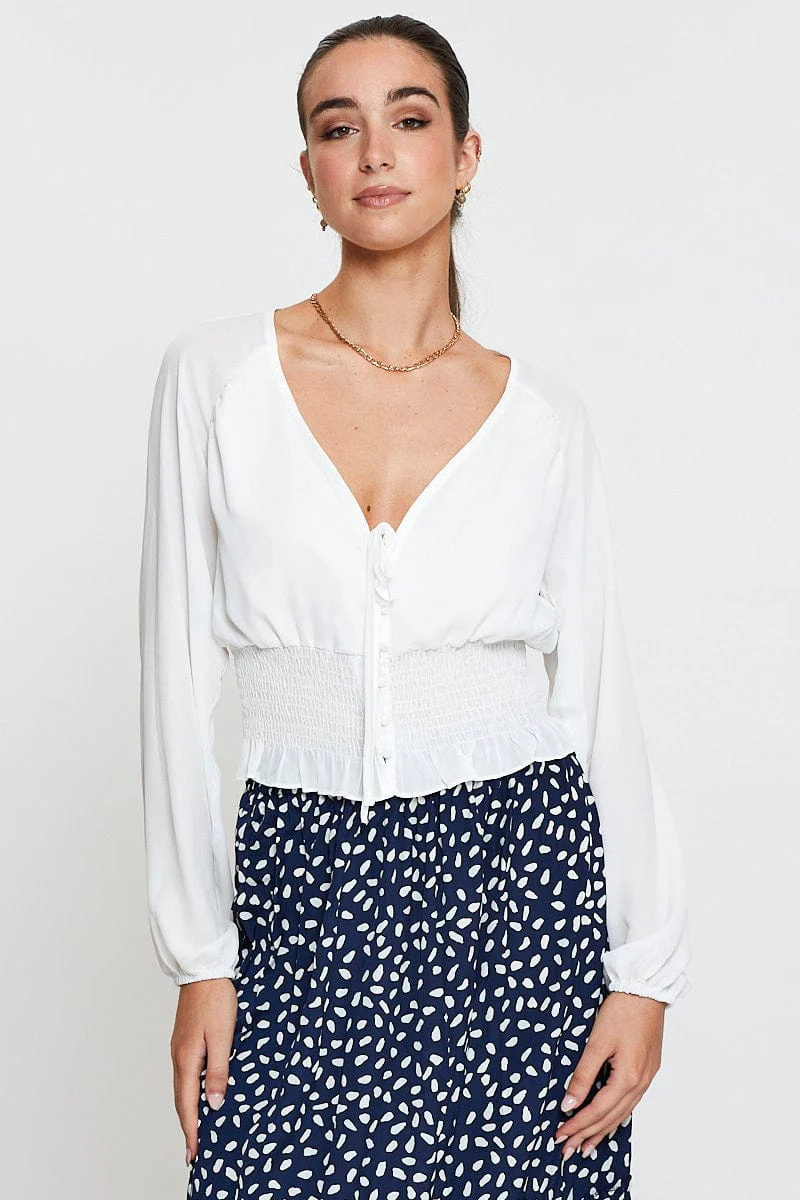 White Crop Top Long Sleeve V-Neck