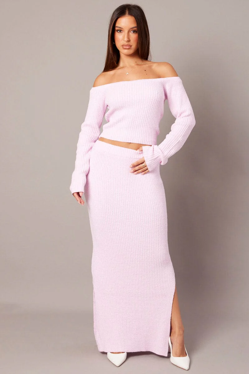 Pink Knit Top Long Sleeve Off Shoulder