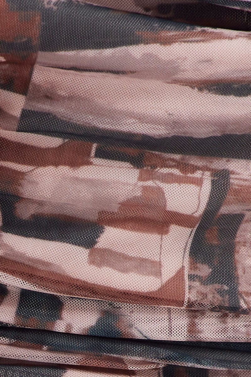 Brown Print Bardot Top Long Sleeve Off Shoulder Mesh Crop