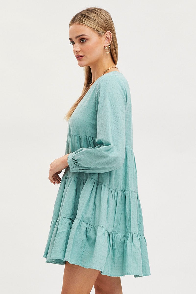 Green Smock Dress Long Sleeve Mini