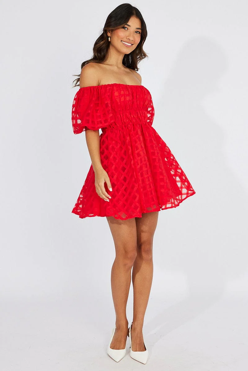 Red Fit And Flare Dress Puff Sleeve Mini