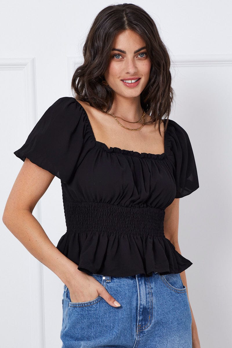 Black Top Short Sleeve Square Neck