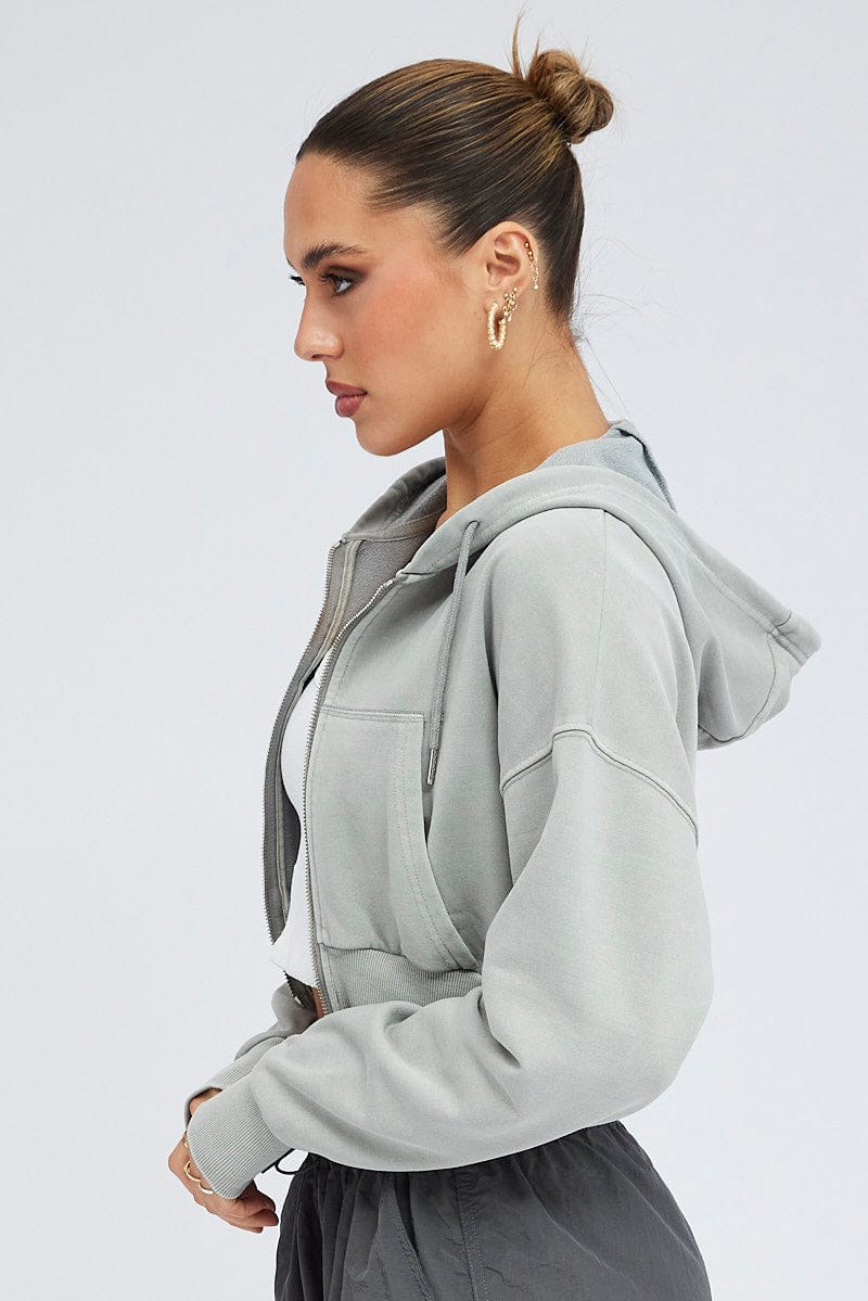Grey Zip Hoodie Long Sleeve Crop
