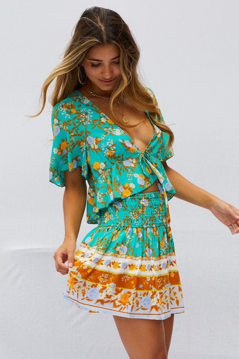 Boho Print Flare Skirt Mini High Rise