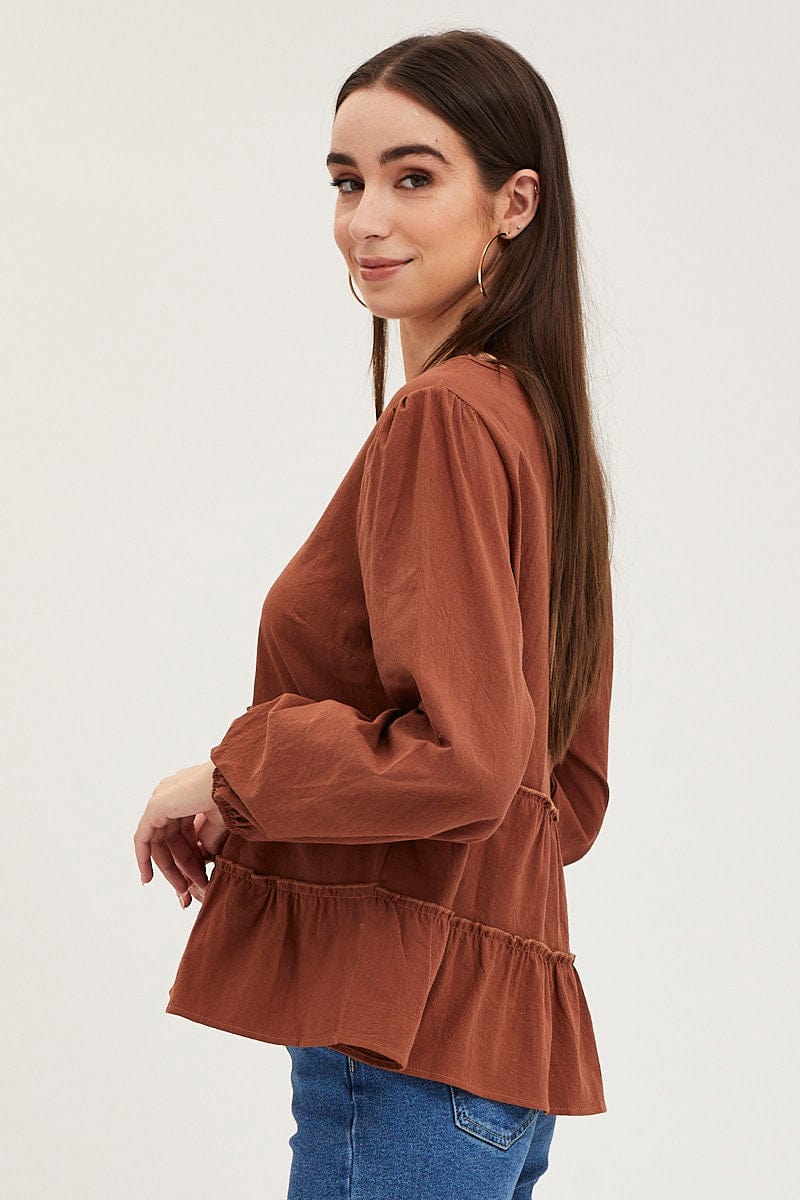 Brown Ruffle Top Long Sleeve