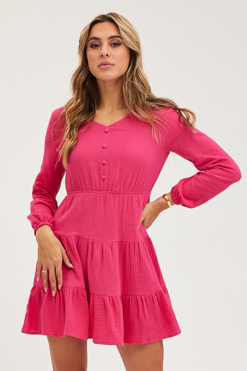Pink Skater Dress Long Sleeve Mini