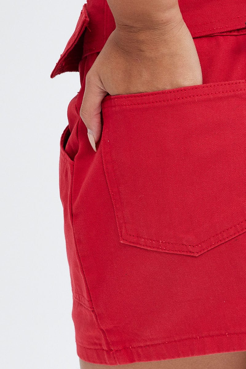 Red Mini Skirt Low Rise Belted Cotton Blend
